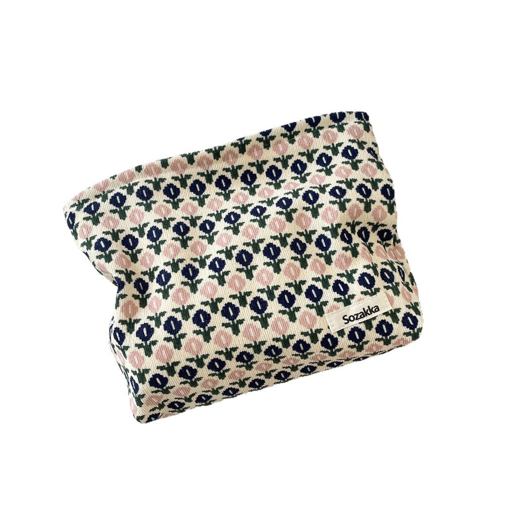 Corduroy Retro Flower Portable Cosmetic Bag