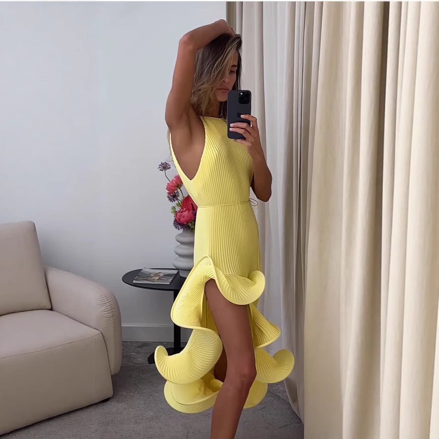 Irregular Ruffled Sexy Sleeveless Lace-Up Slim Dress