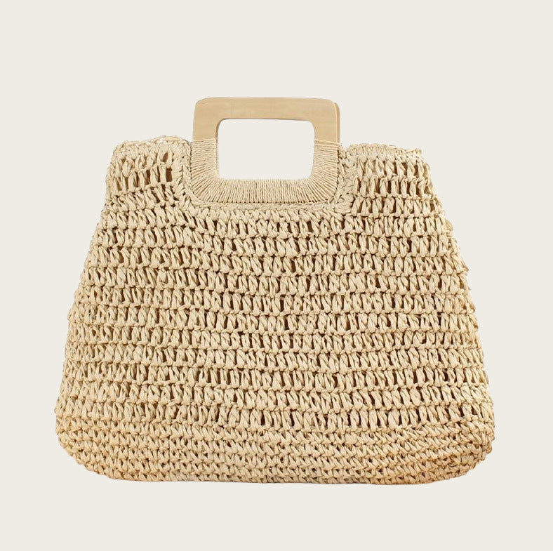 Women Solid Color Wooden Handle Straw Woven Bag, Summer Beach Handmade Fashion Bag