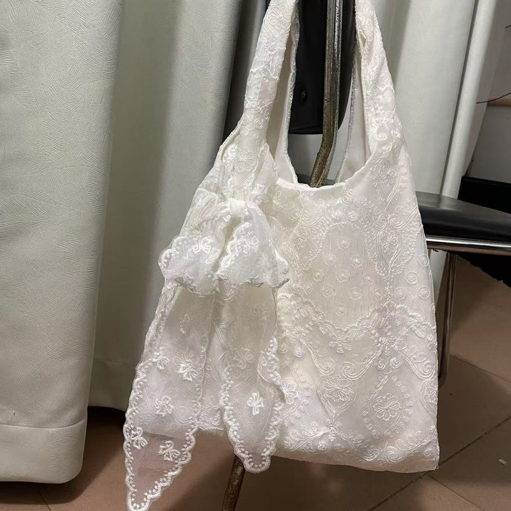 Women Lace Floral Canvas Large Capacity Shoulder Tote Bag