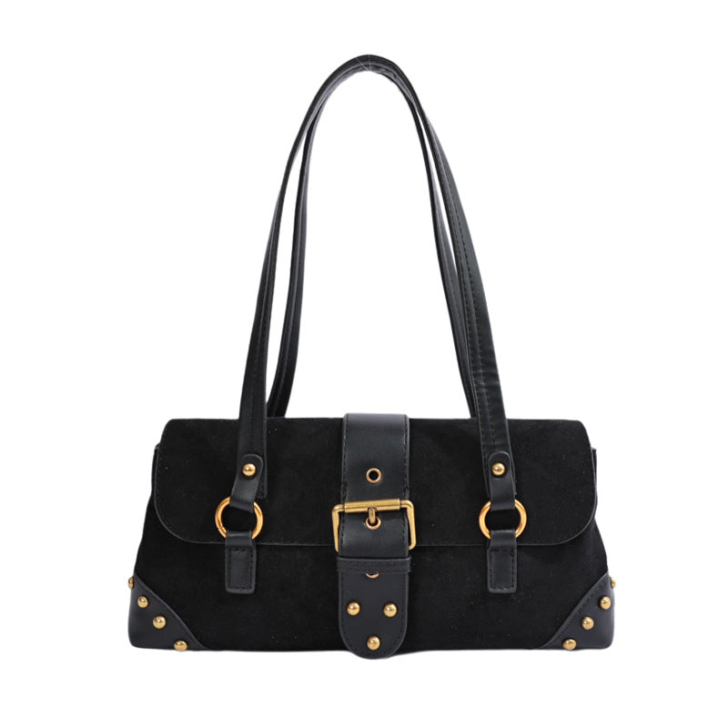 Chic Studded Suede Shoudler Bag with Buckle Detail