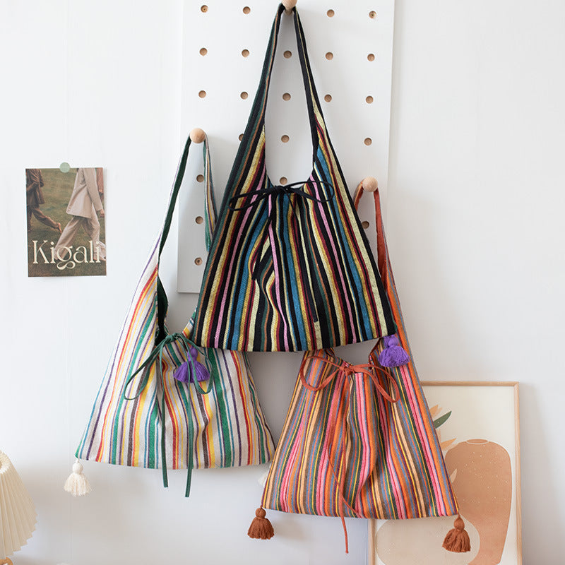 Original Ethnic Textured Striped Canvas Shoulder School Bag