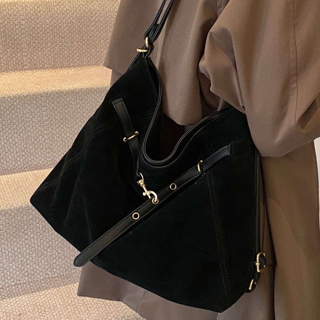Cozy Suede Look Shoulder Bag with Buckle Detail