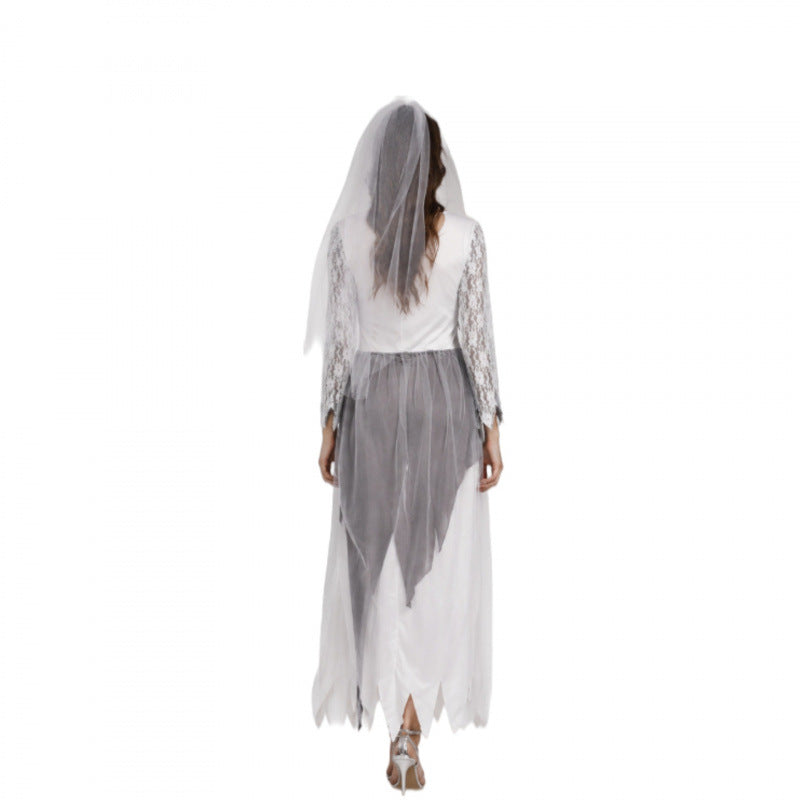 Halloween Ghost Bride Costume Dress with Lace Sleeves and Veil