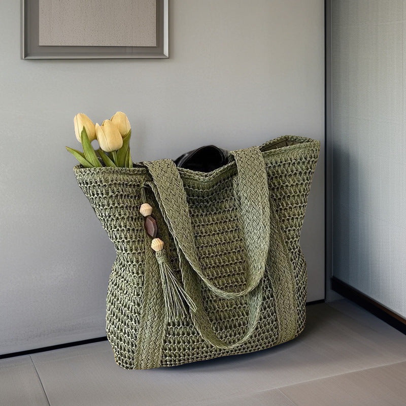 Solid Color Large-Capacity Braided Straw Beach Shoulder Bag