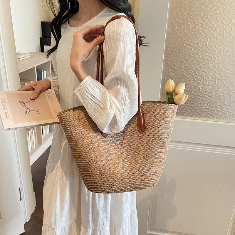Women Trendy Shoulder Straw New Large Woven Beach Handheld Tote Bag