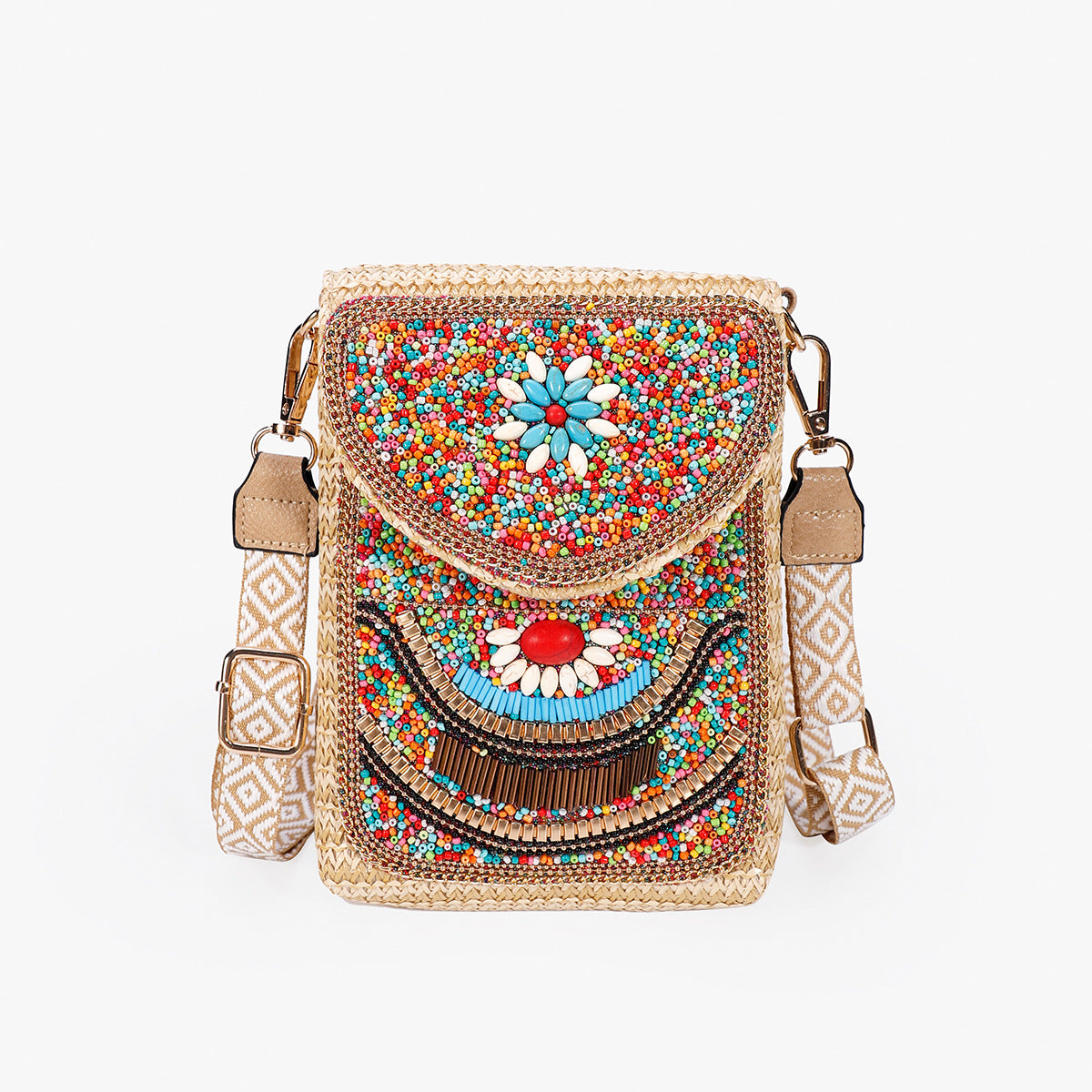 Women Luxury Straw Crossbody Bag, Fashion Beaded Woven Phone Shoulder Bag
