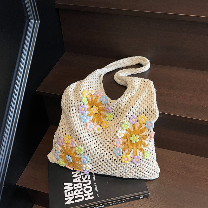 Women New Forest Fresh Hollow Knit Large Artistic Beach Shoulder Bag