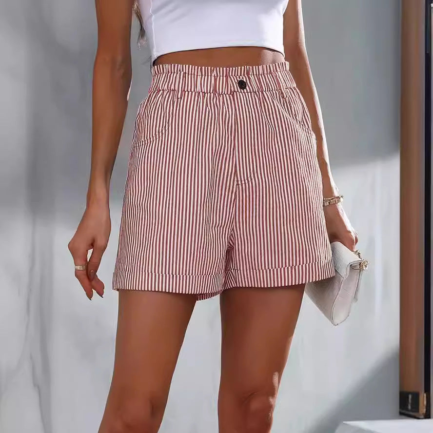 Women Casual Pocket Striped Shorts