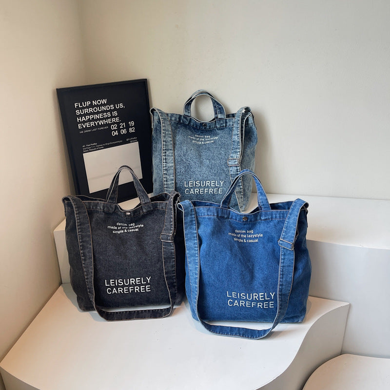 Cross-Border Denim Bag For Women 2025 New Fashion Letter Shoulder Crossbody Bag Large Capacity Commuter Tote Bag