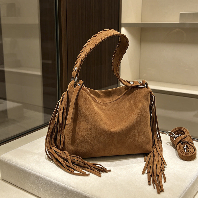 Vintage Faux Suede Fringe Hobo Shoulder Bag with Braided Strap