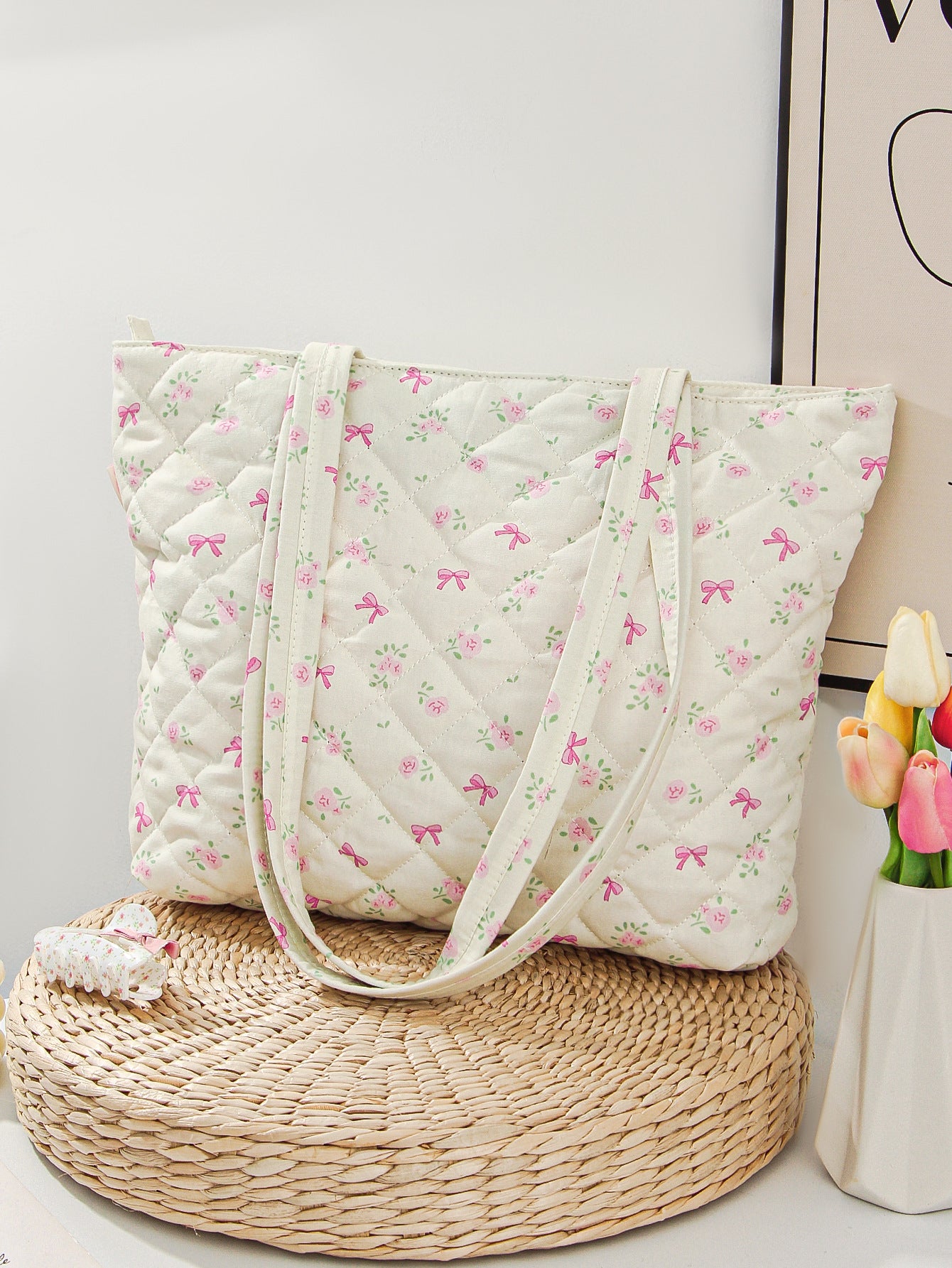 Quilted Cotton Flower Lipstick Tote Bag