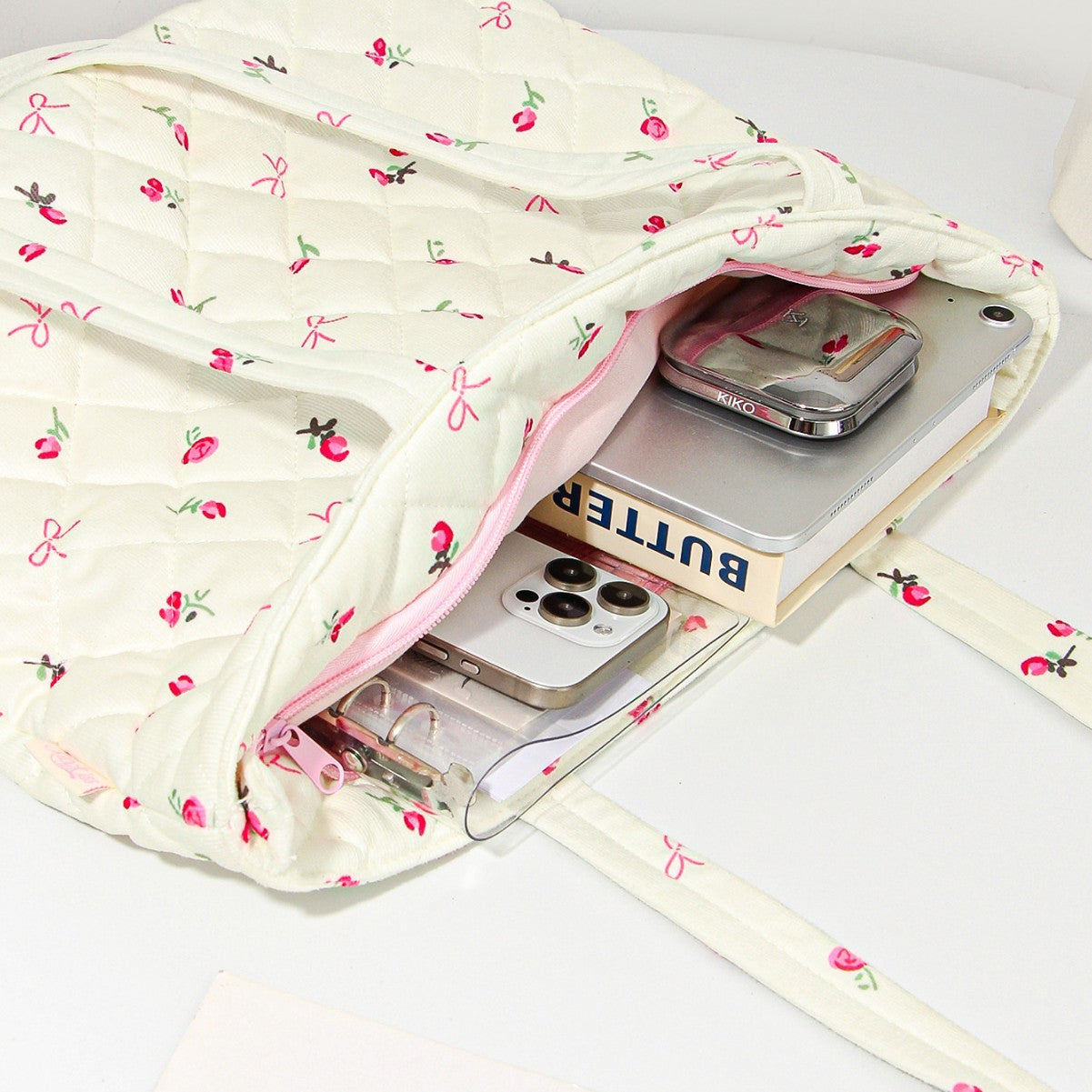 Quilted Cotton Flower Lipstick Tote Bag