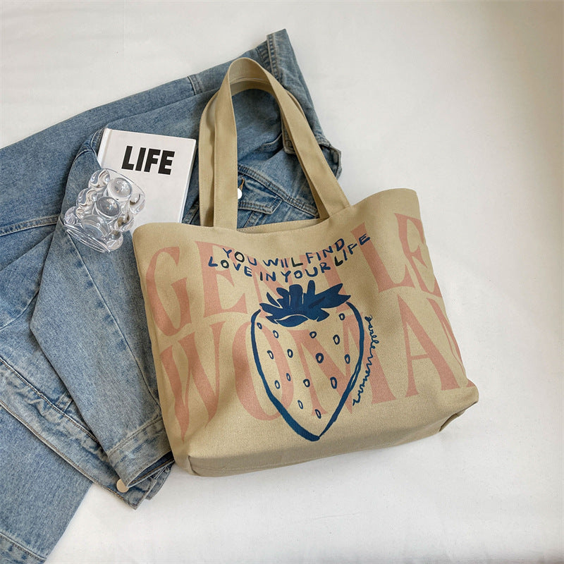 Women Strawberry Letter Canvas Shopping Shoulder Bag