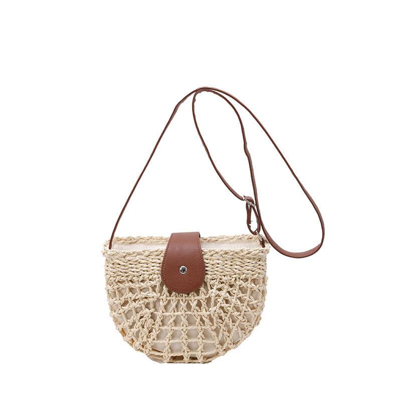 New Woven Half Round Hollow Straw Fresh Shoulder Crossbody Beach Bag