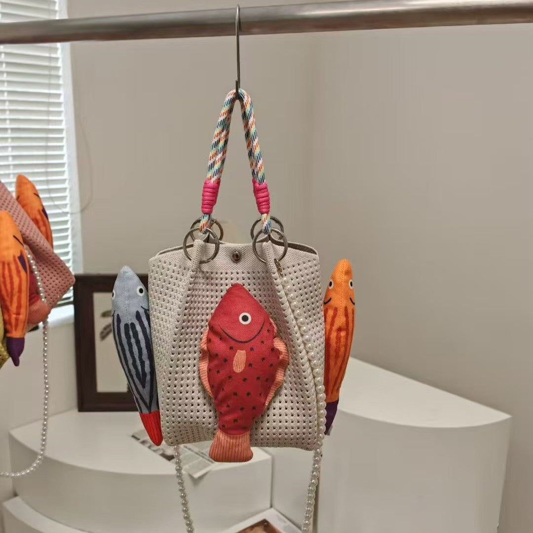 Crochet Fish Applique Pearl Strap Tote Bag