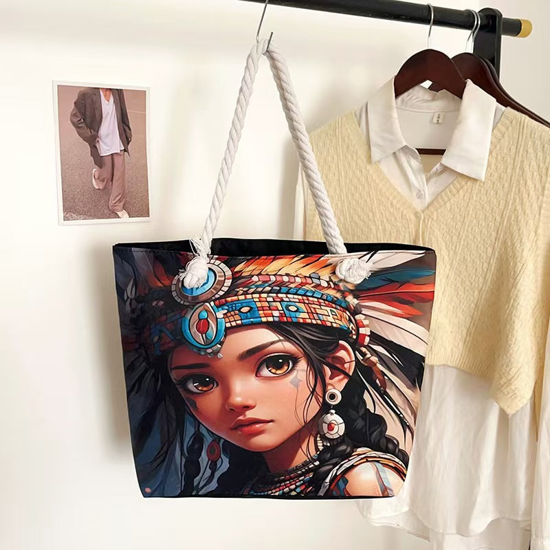 High-End Ethnic Canvas Hemp Rope Armpit Tote