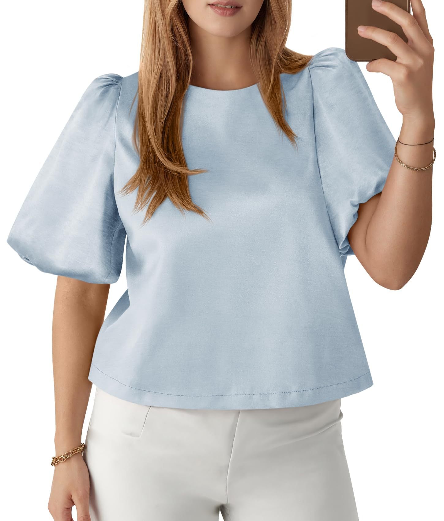 Elegant Women's Round Neck Satin Puff Sleeve Baby Doll Top