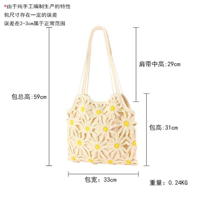 New Hand-Woven Cotton Rope Hollow Flower Seaside Vacation Daily Casual Versatile Fashion Niche Women'S Bag