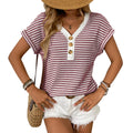 Women Spliced Knitted V-Neck Button Pullover Short Sleeve