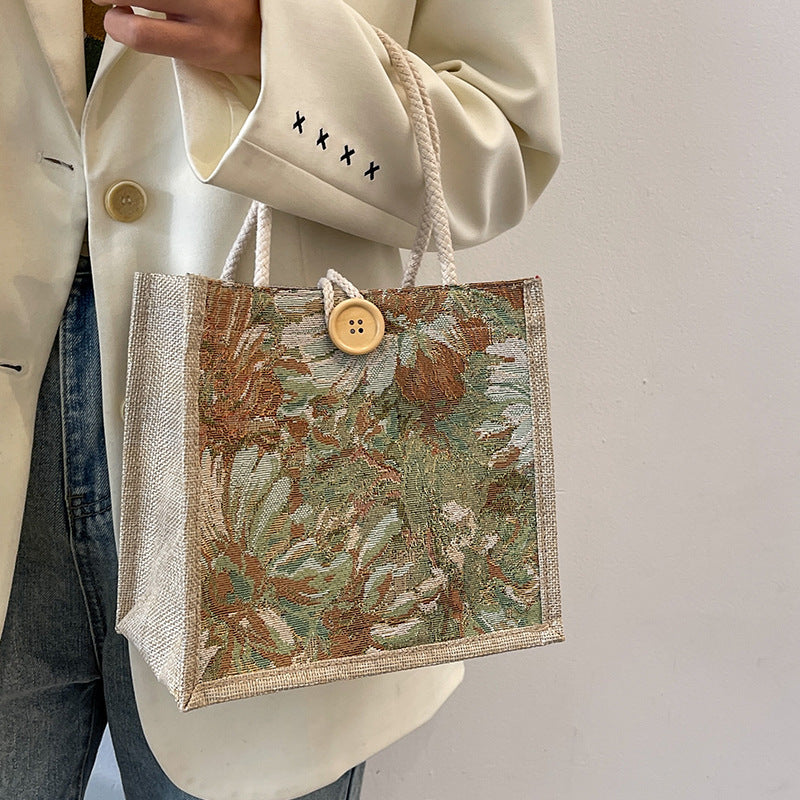 Women Linen Canvas Lunch Bag Handheld