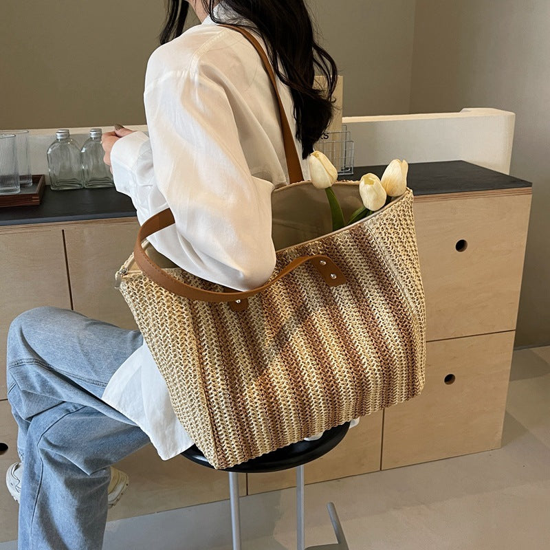 Women Fabric Straw Woven Tote 2026 New Leather Strap Summer Premium Bag