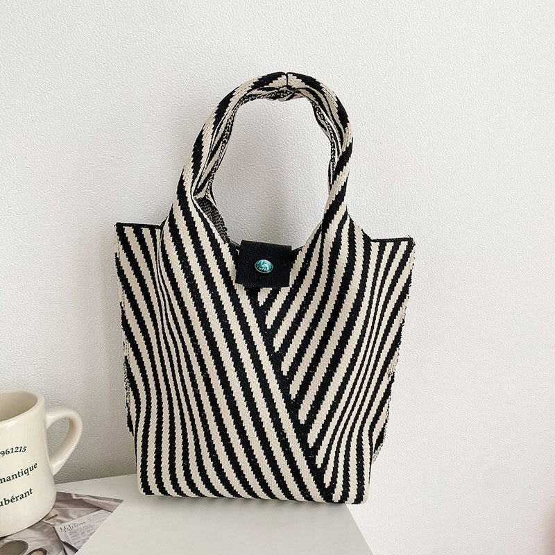 V Pattern Striped Woven Mini Bucket Bag