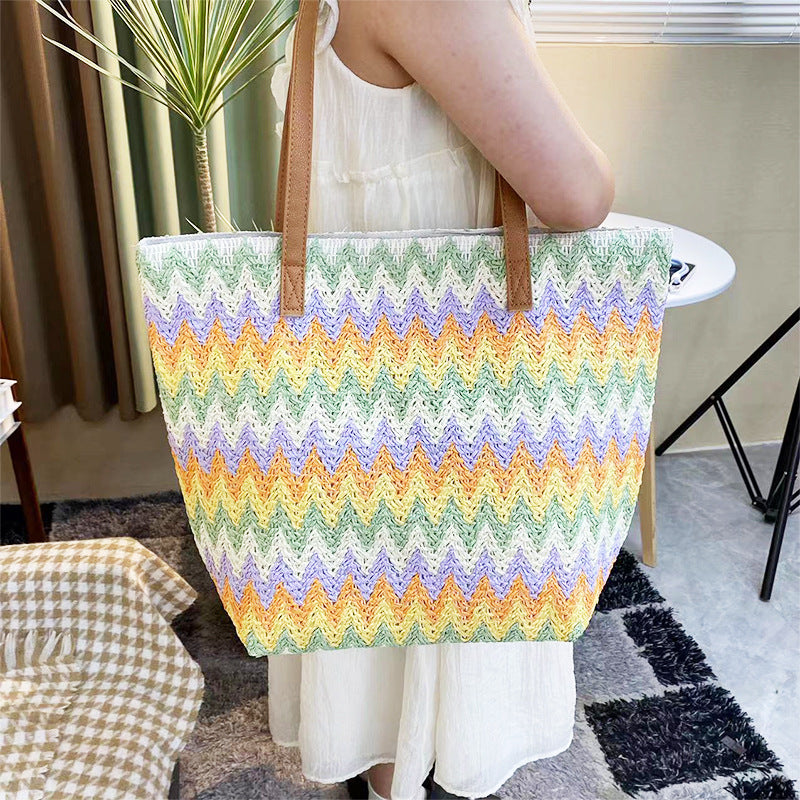 Large Capacity Handmade Wavy Striped Straw Tote Bag