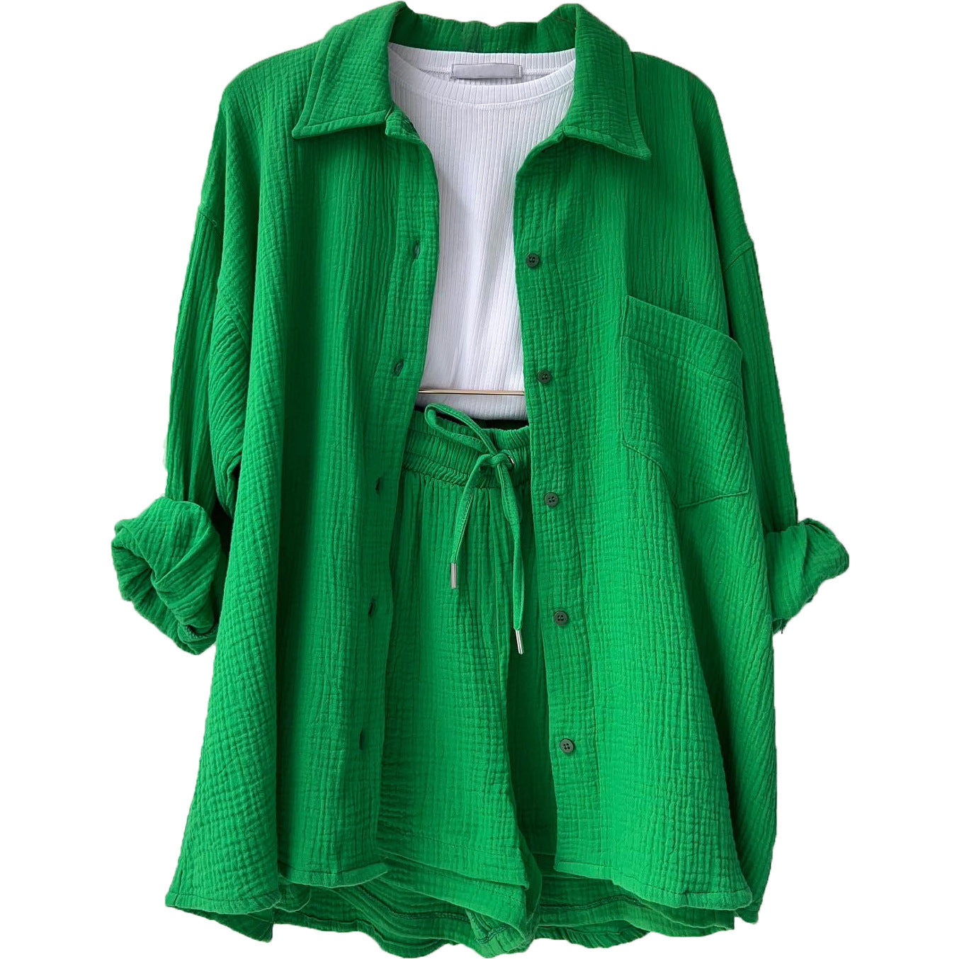 European And American Clothing Two-Piece Set Wrinkled Lapel Long-Sleeved Shirt High-Waisted Drawstring Shorts Large Size Fashion Casual Suit