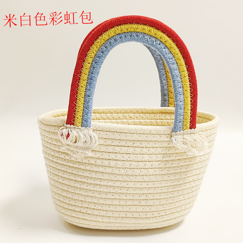 Retro Striped Cotton Woven Straw Detail Vacation Beach Handheld Basket Bag