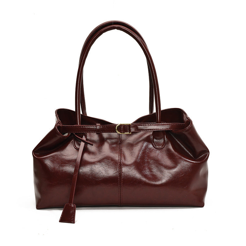 Glossy East-west Shoulder Bag with Elegant Belted Detailing