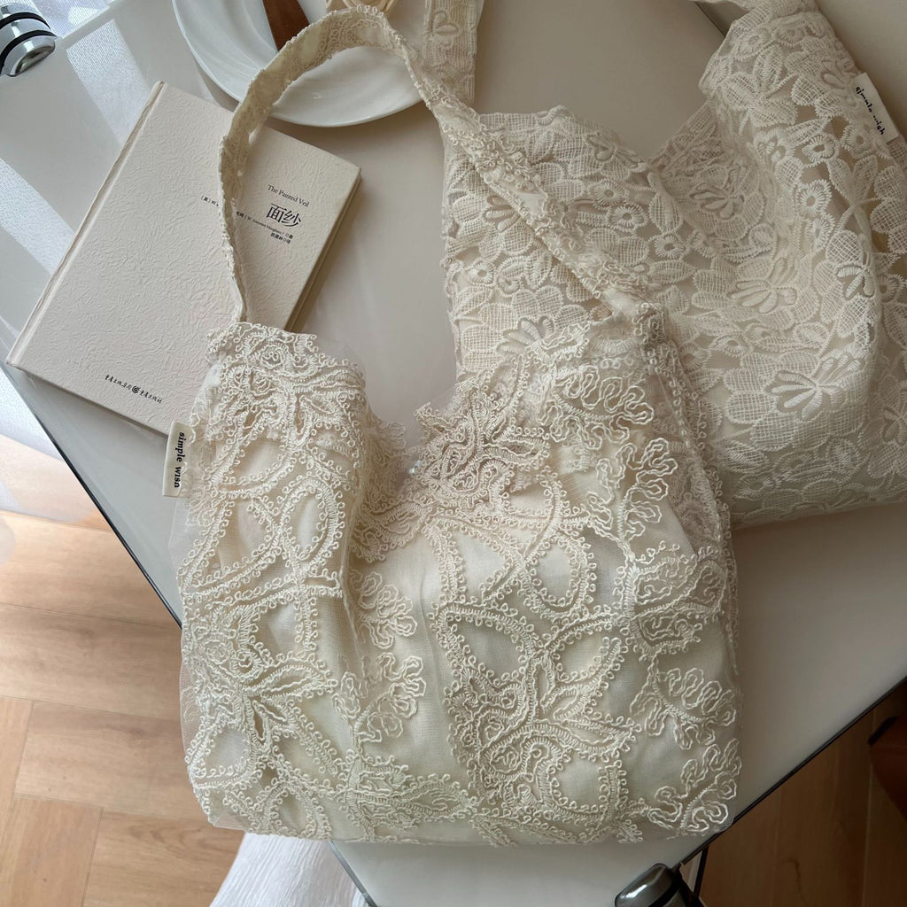 [Suxi Cloth Bag] French Lace Embroidered Gauze Cotton Bag Single Shoulder Underarm Women'S Canvas Bag Literary Simple Retro