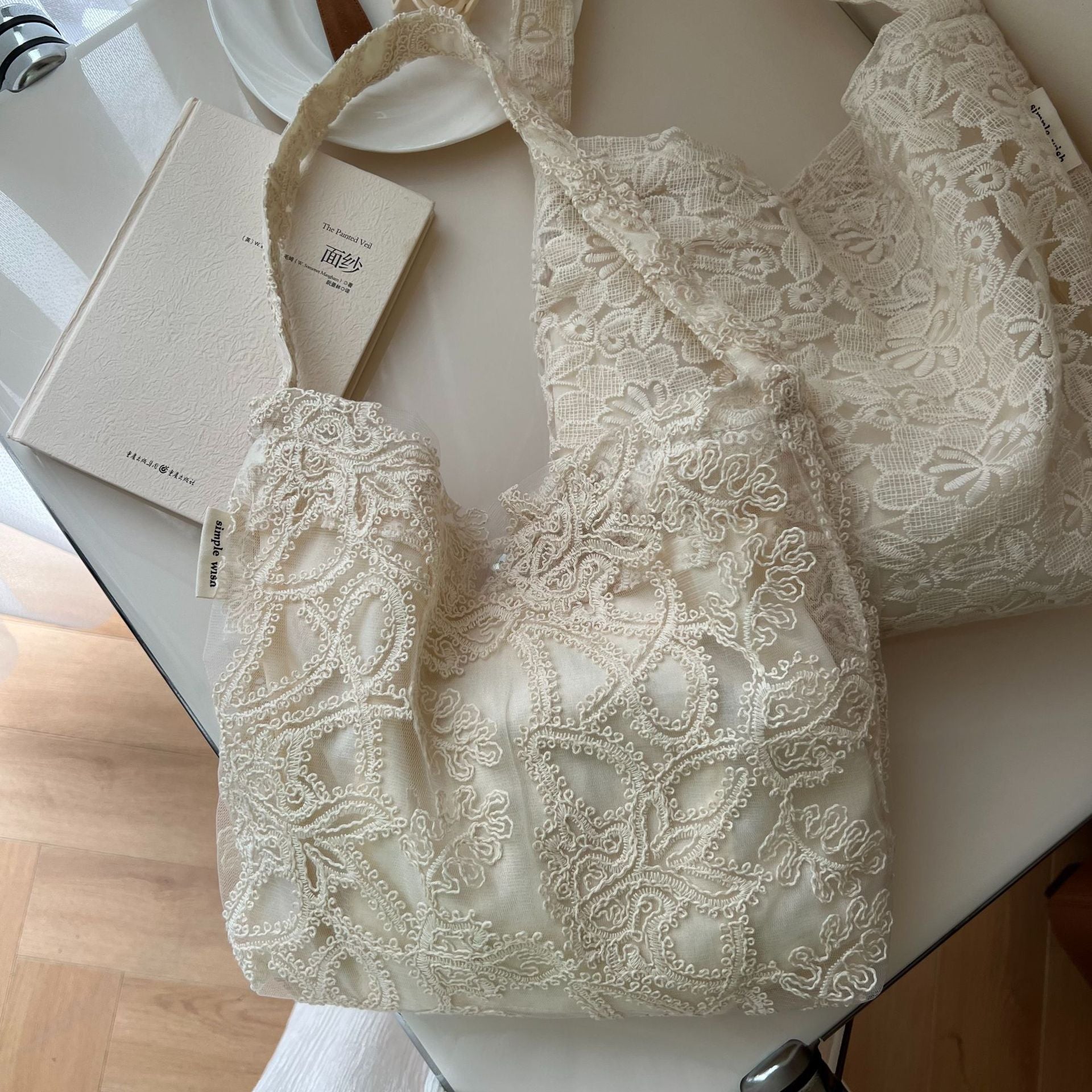 [Suxi Cloth Bag] French Lace Embroidered Gauze Cotton Bag Single Shoulder Underarm Women'S Canvas Bag Literary Simple Retro