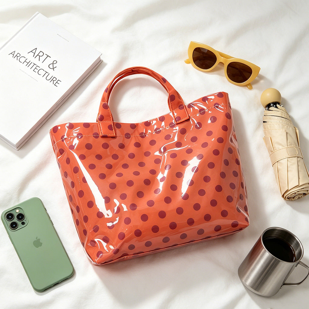 Polka Dot Contrast Color Tote Bag Waterproof Pvc Large Capacity Handbag Women'S Travel Storage Large Capacity Tote Bag