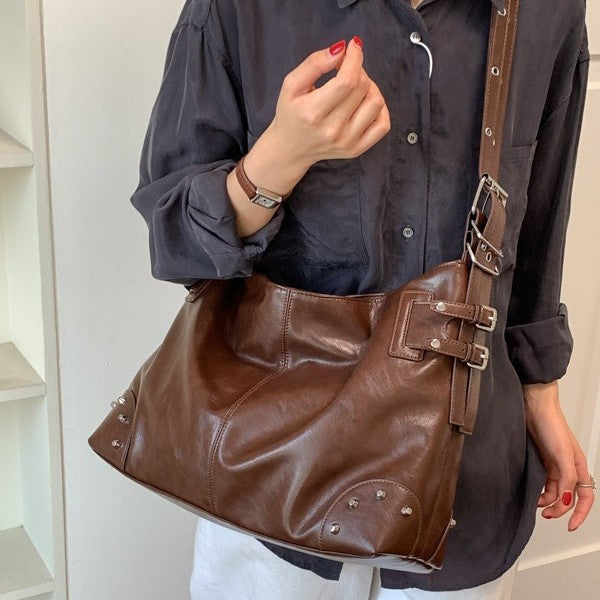 Slouchy Studded Hobo Bag with Buckle Details