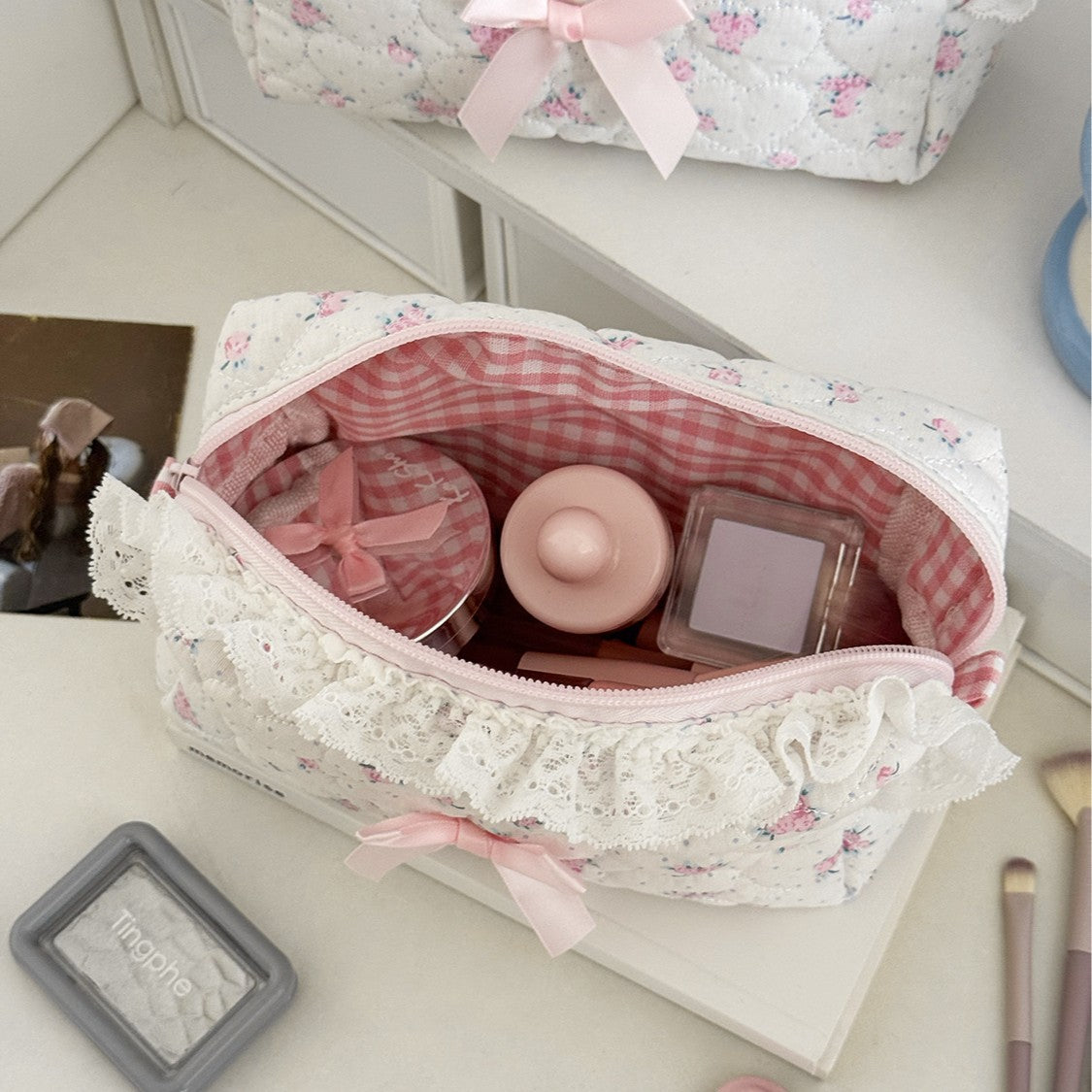 Pink Rose Lace Large Capacity Storage Bag