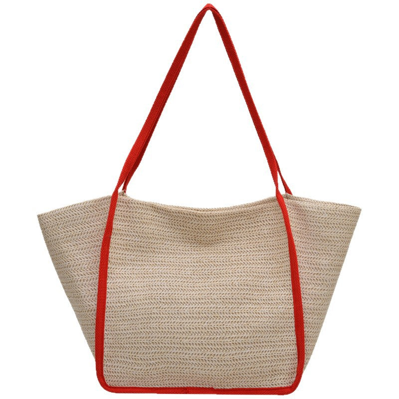 Cross-Border New Large-Capacity Commuter Tote Straw Bag Shoulder Woven Bag Casual Versatile Striped Beach Bag Women'S Bag