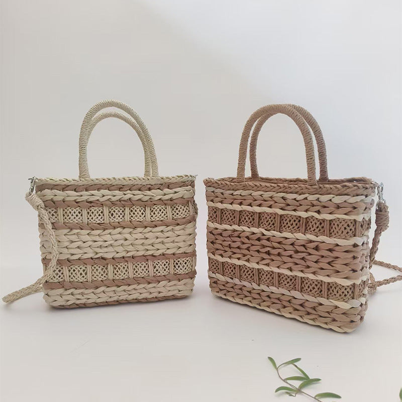 Striped Woven Crossbody Bag, Lightweight Straw Basket Bag