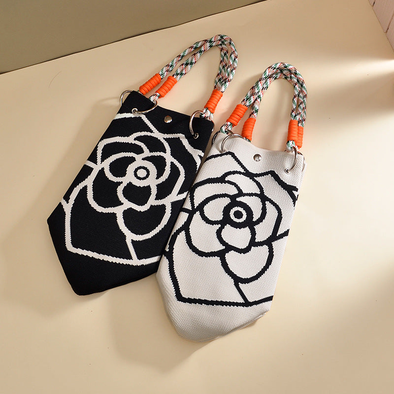 Elegant Floral Print Braided Handle Mini Bucket Handbag
