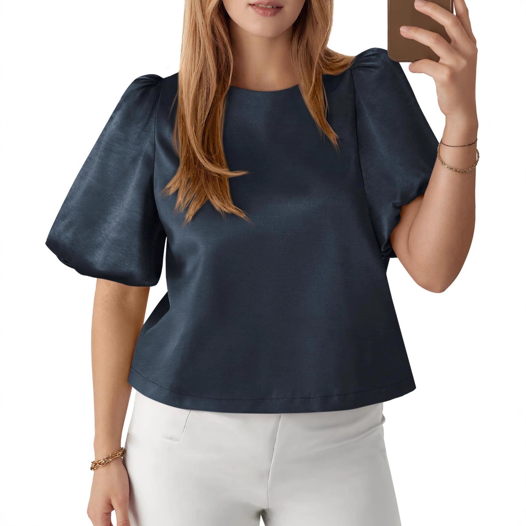 Elegant Women's Round Neck Satin Puff Sleeve Baby Doll Top