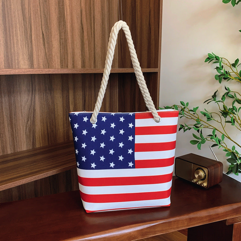 Canvas Striped American Flag Print Casual Fashion Shoulder Tote Bag
