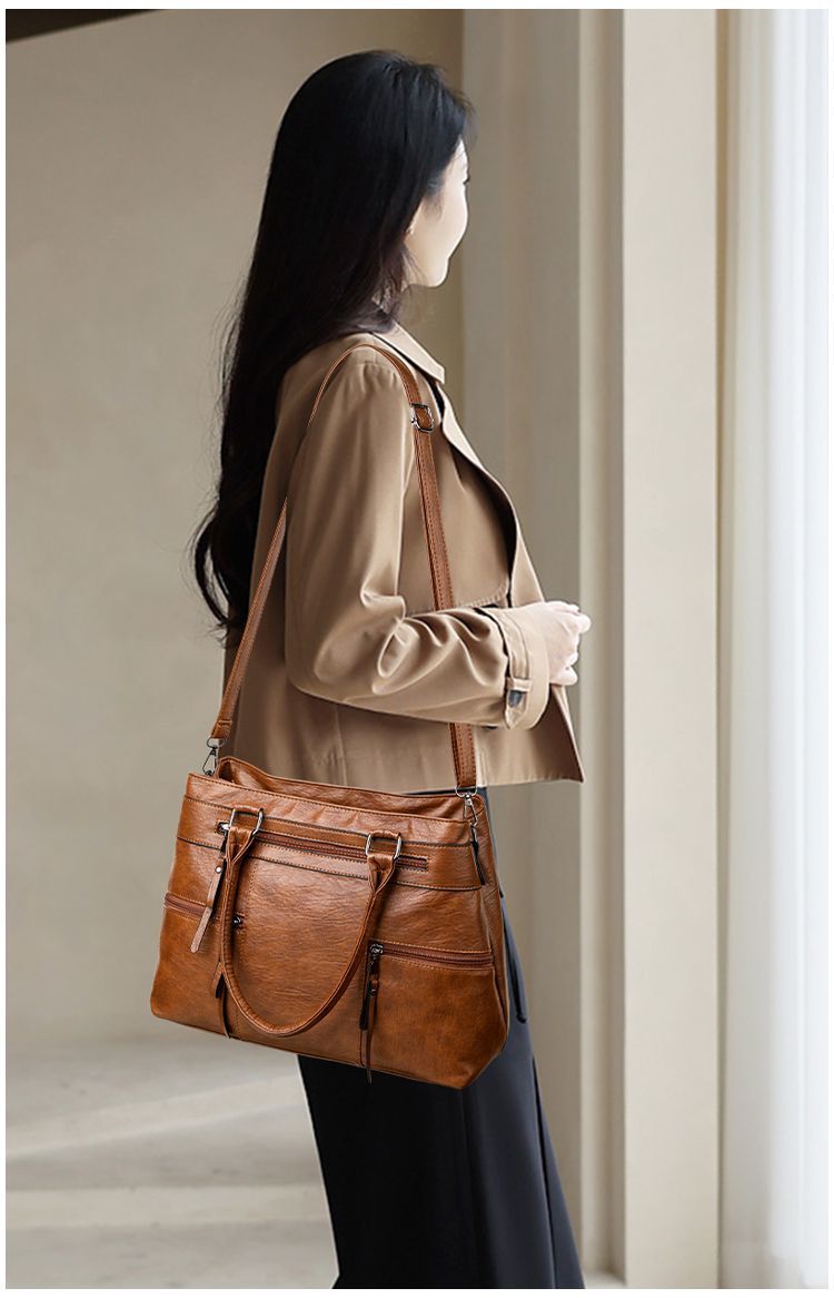 Large Vegan Leather Multi-Pocket Top Handle Satchel Bag