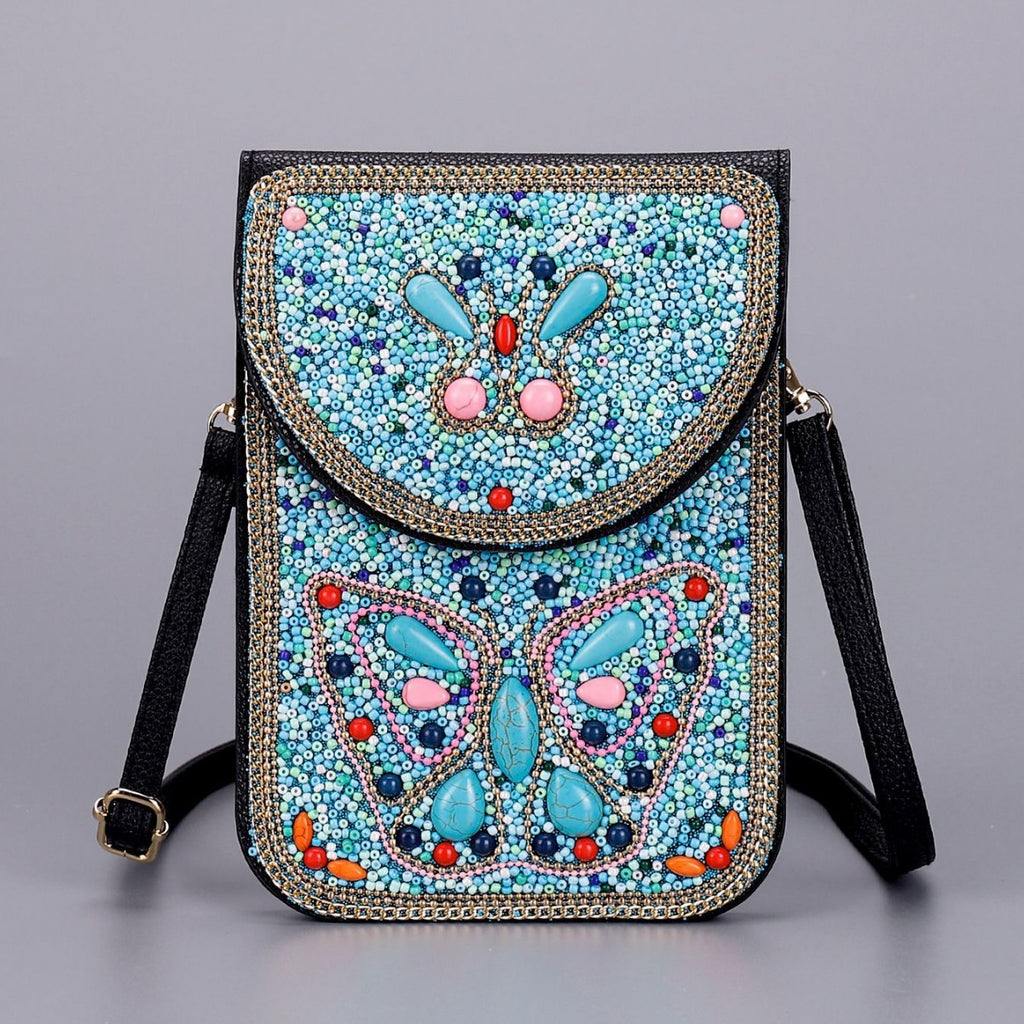Women Ethnic Style Beaded Crossbody Bag, Handmade Turquoise Red Phone Bag