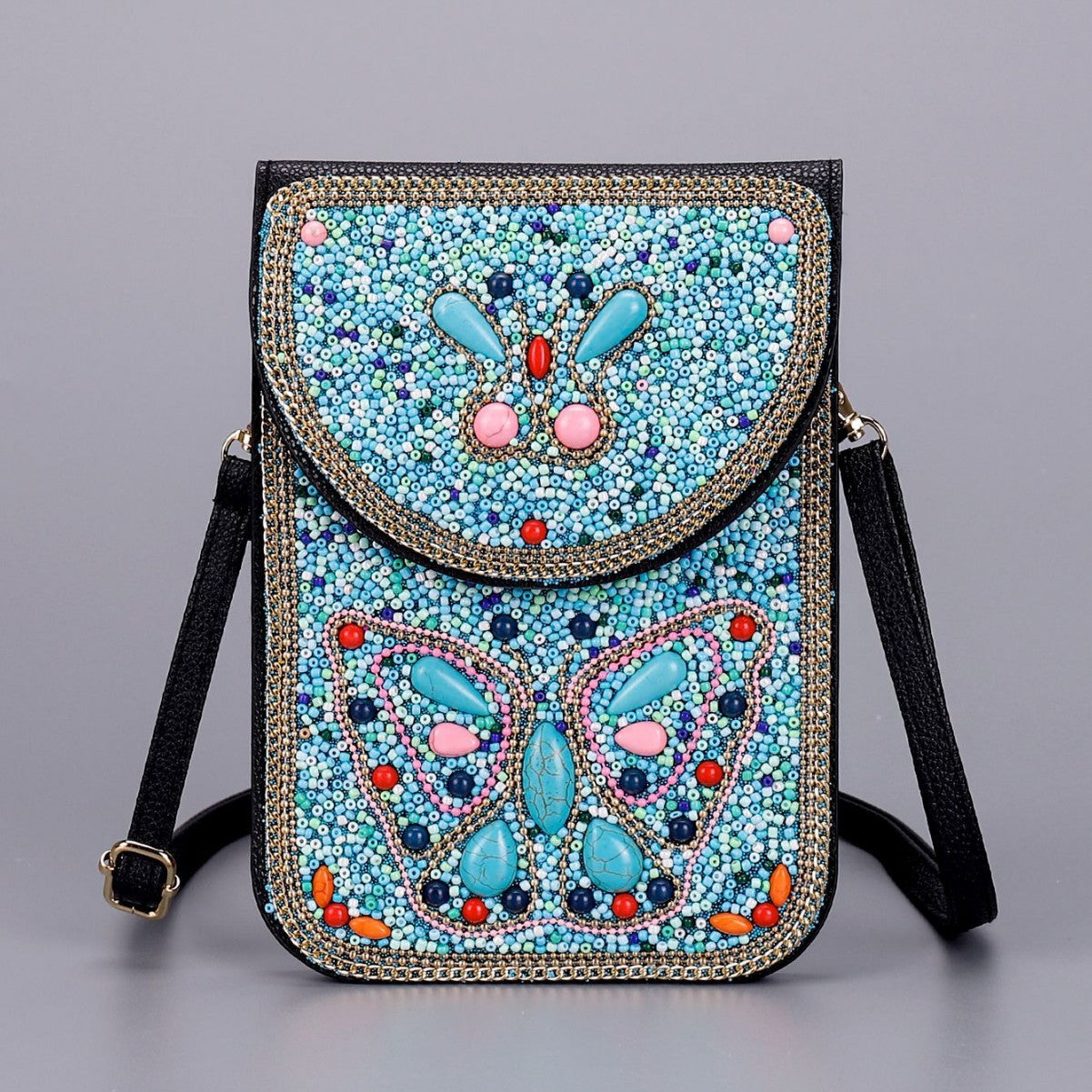 Women Ethnic Style Beaded Crossbody Bag, Handmade Turquoise Red Phone Bag