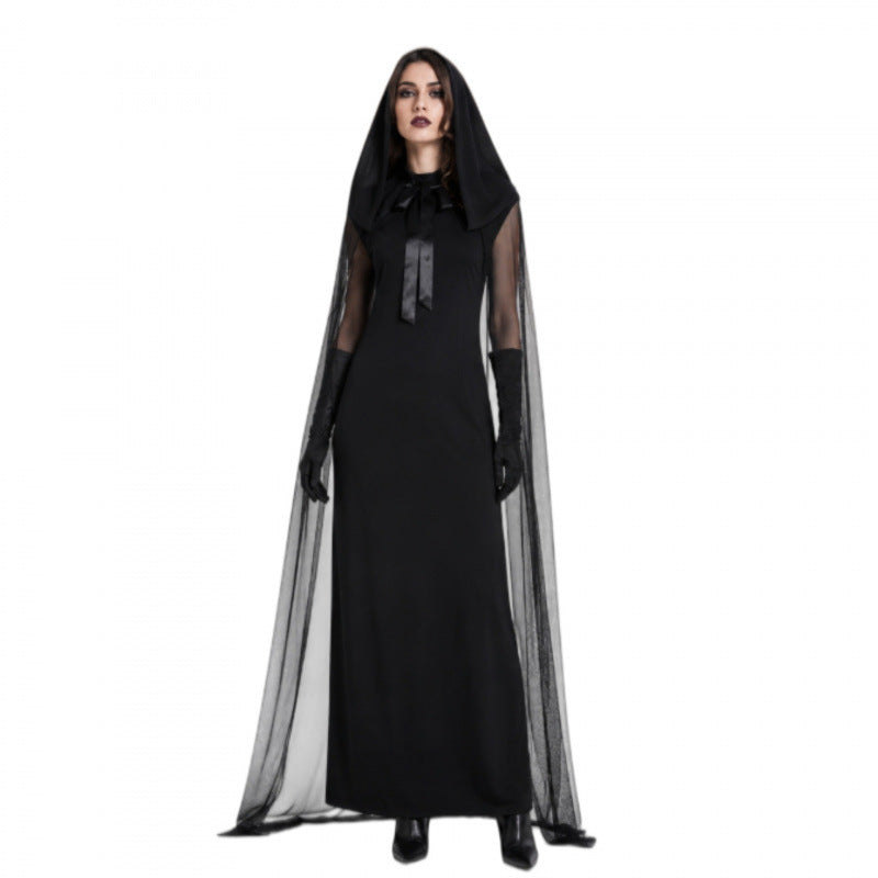 Halloween Gothic Hooded Cape Maxi Dress with Sheer Sleeves