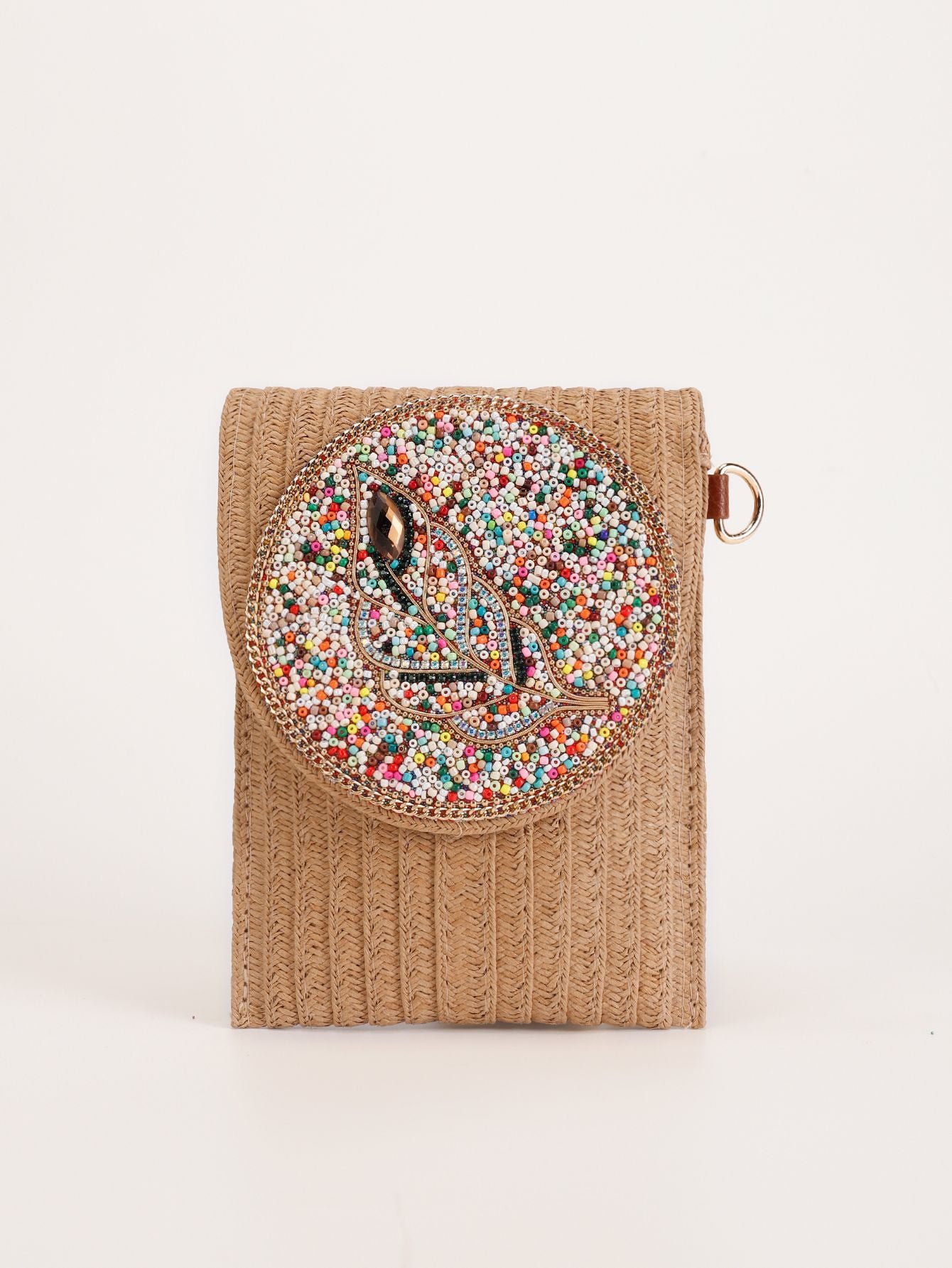 Women Luxury Straw Crossbody Bag, Fashion Beaded Woven Phone Shoulder Bag