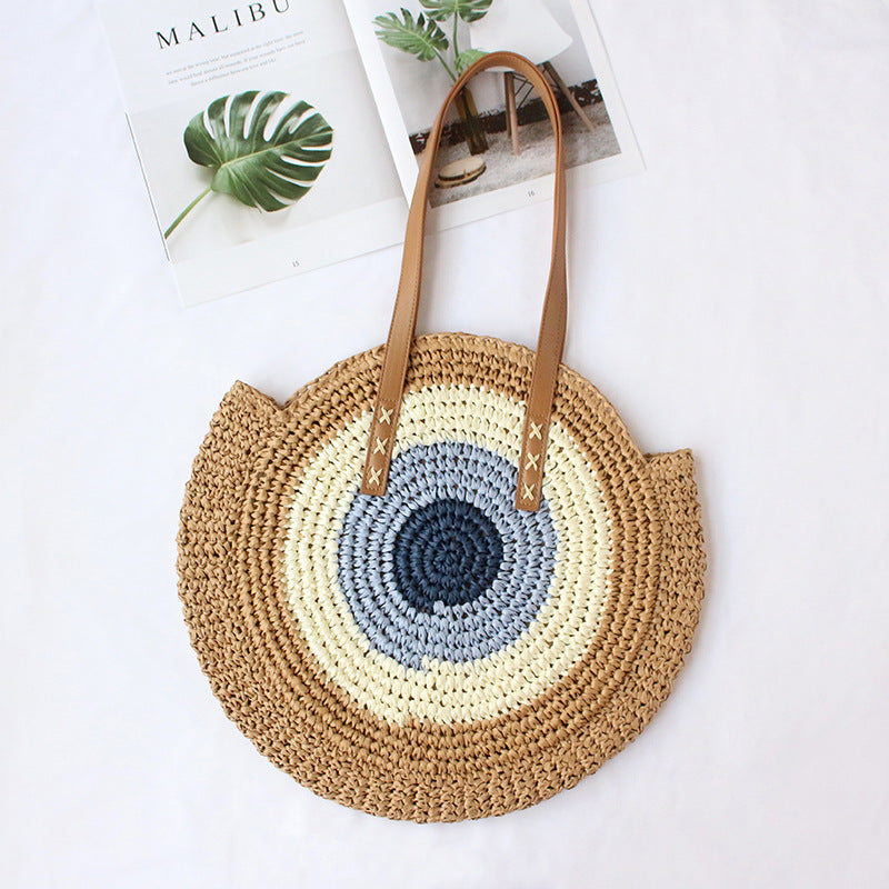 Women Color-Block Shoulder Handmade Woven Straw Beach Bag
