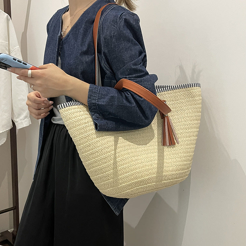 Minimalist Straw Large Handbag Unique Travel Vacation Shoulder Tote Bag