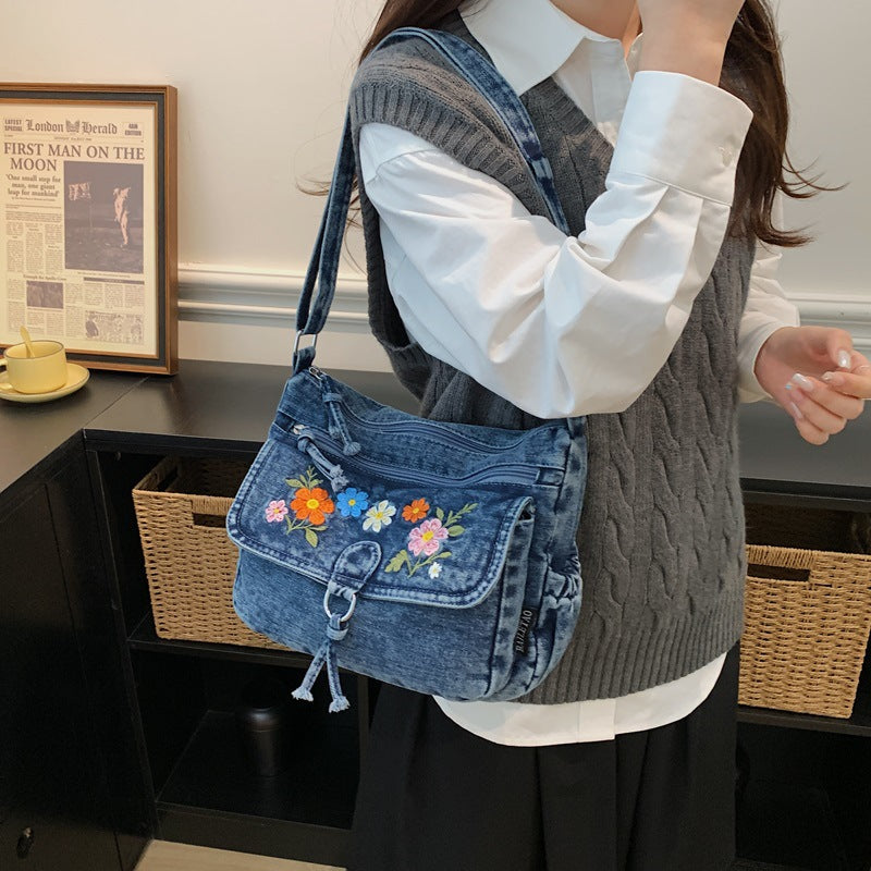 Floral Embroidered Denim Shoulder Bag with Adjustable Strap