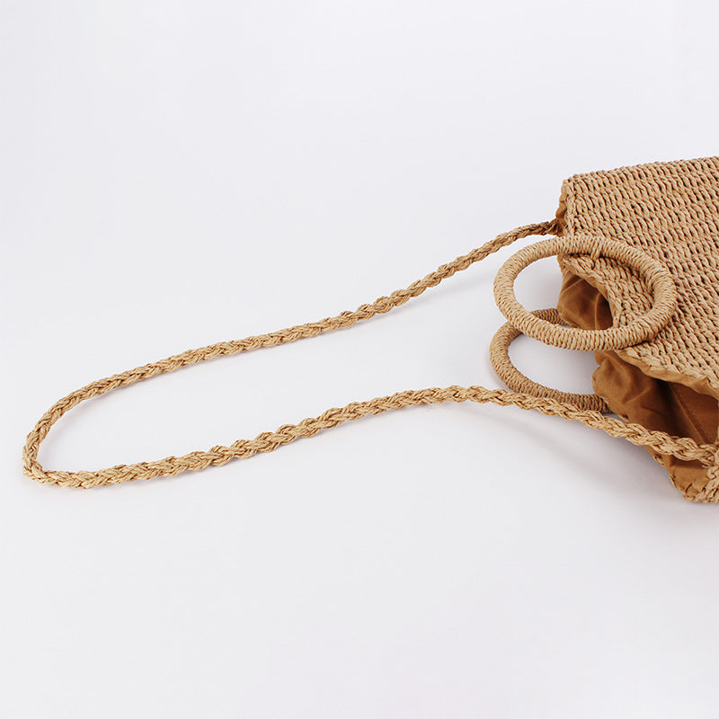 Women Solid Color Woven Beach Bag, Round Handle 2-in-1 Shoulder Handbag